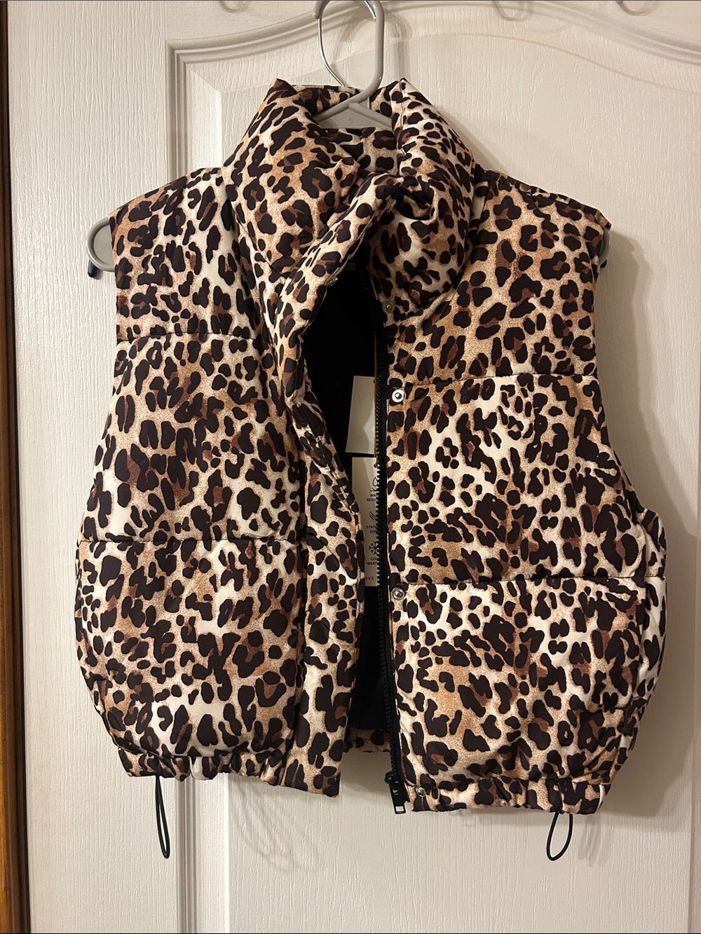 Leopard Print Puffer Vest - Brown/Black